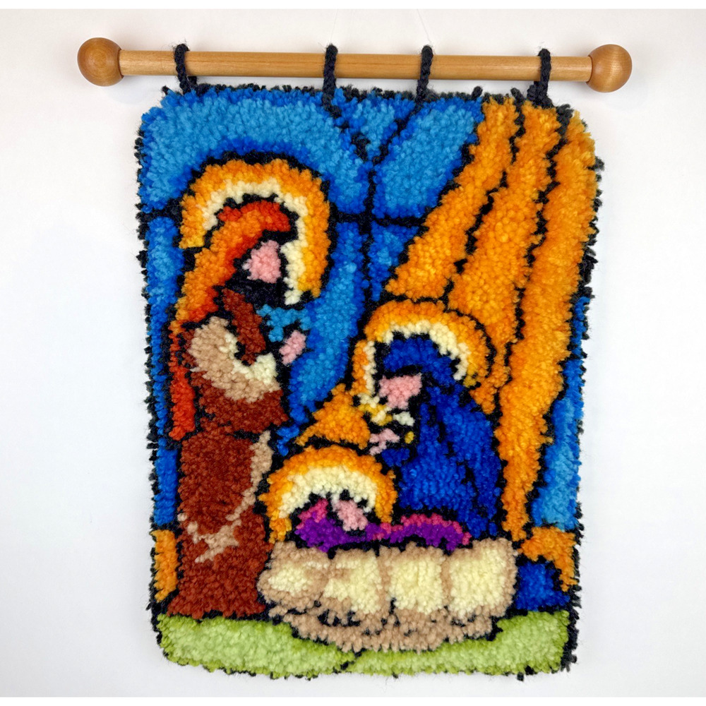 Vintage handmade Nativity Holy Family Latch Hook Wall Hanging Christmas Nativity